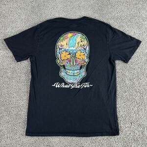 What The Fin Shirt Mens Large Black Blue Tropical Skull Waterfall Short Sleeve